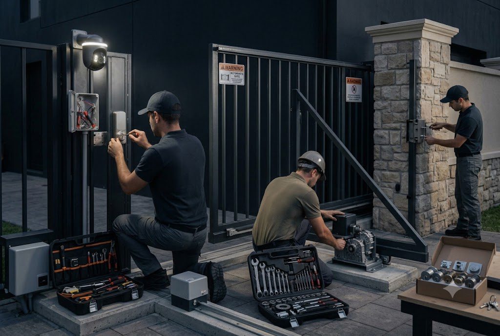 Técnicos instalando equipos de seguridad en una comunidad